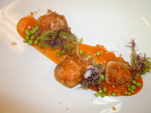 Chicken Skinned Salmon with Carrot Caviar, Peas, Seaweed Chicken Skinned Salmon with Carrot Foam, Caviar, Peas, Seaweed