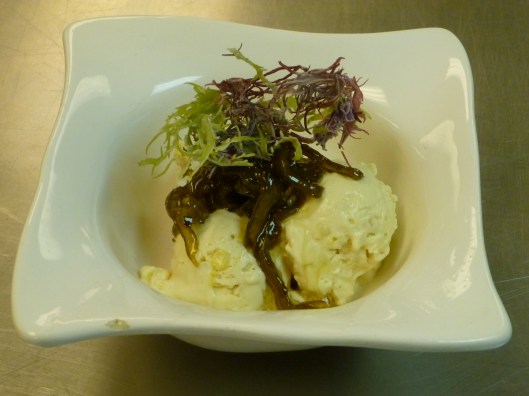 Corn Ice Cream with Carmelized Cactus and Seaweed Liquid Nitrogen Corn Ice Cream with Carmelized Cactus and Seaweed