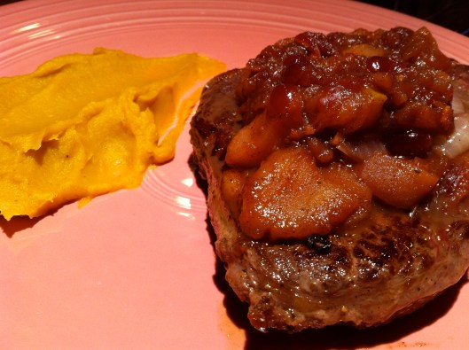 Sous Vide Bison Sous vide bison rib eye with cranberry spruce chutney and a honey roasted root vegetable purée