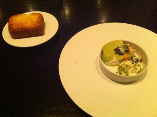 Monkfish Liver, Caviar, Pistachio, Cauliflower, Lemon Jelly, Brioche