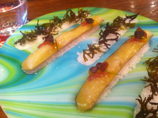 Razor clams with escabeche sauce, saffron pearls and soy sauce shards Razor clams with escabeche sauce, saffron pearls and soy sauce shards