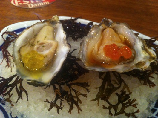 The Oysters #5: one with sherry vinegar, tarragon and olive oil caviar, and the other with oriental vinagrette and salmon roe The Oysters #5: one with sherry vinegar, tarragon and olive oil caviar, and the other with oriental vinagrette and salmon roe