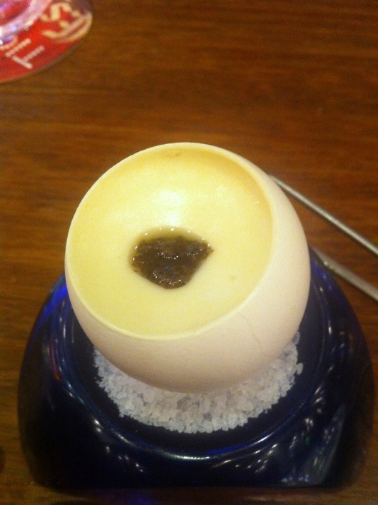 Fried egg with truffled duck fat and potato cream Fried egg with truffled duck fat and potato cream